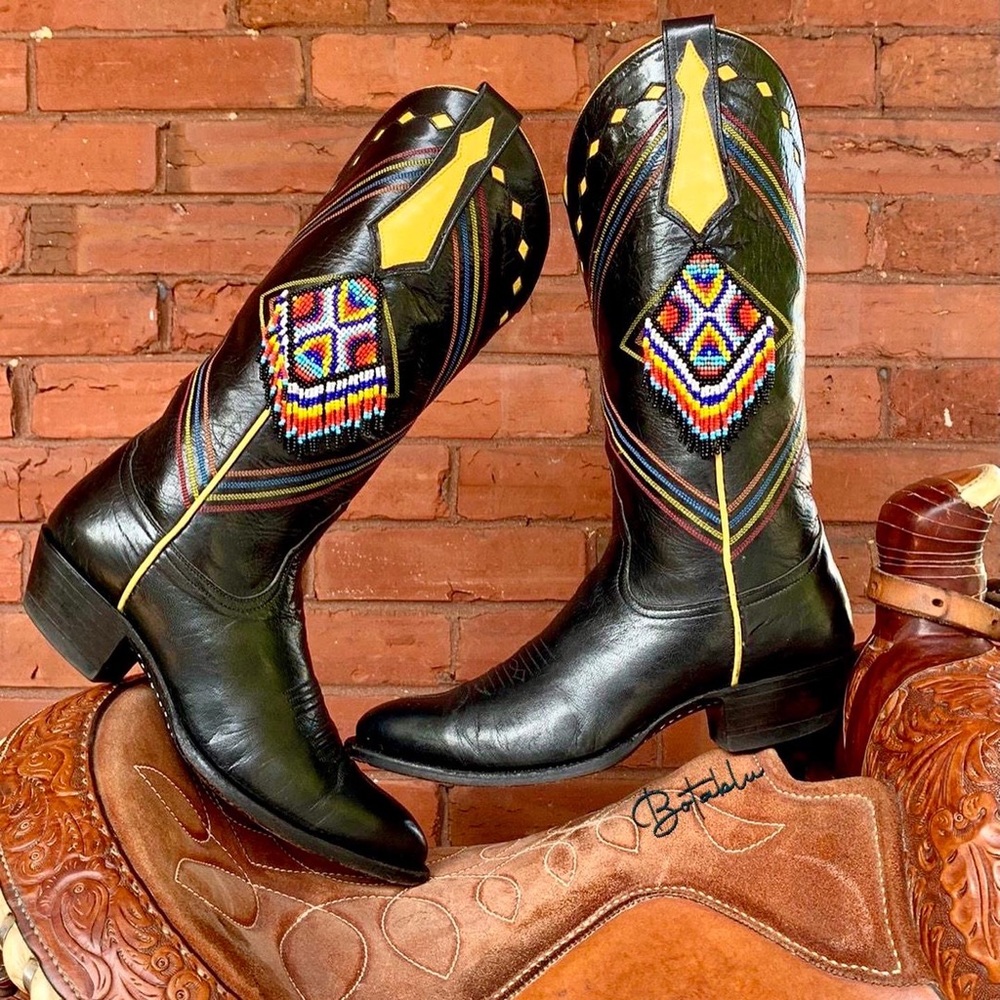Larry Mahan Rare Vintage Aztec Beaded Fringe Black Leather Cowboy Western Boots - Picture 9 of 10